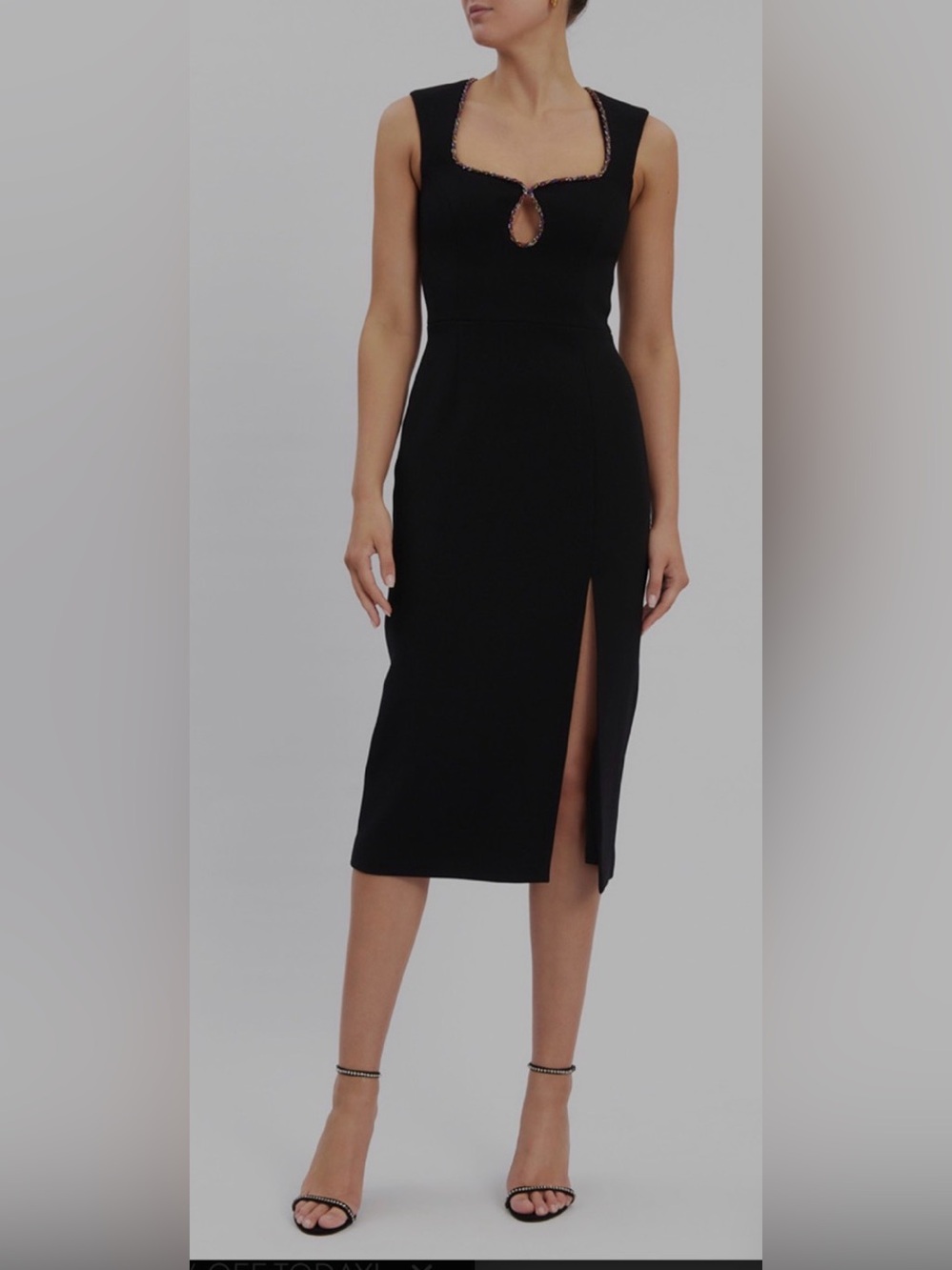 Rebecca Vallance Black Midi Dress with Front Keyhole and Side Slit